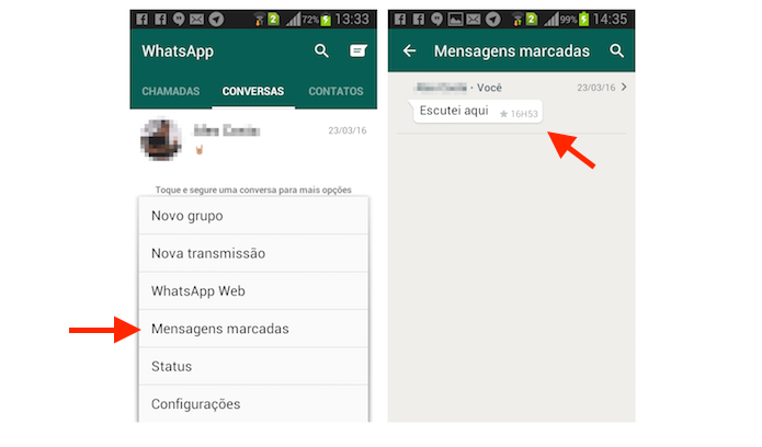 Selecionando uma mensagem marcada com estrela no WhatsApp para Android (Foto: Reprodução/Marvin Costa)