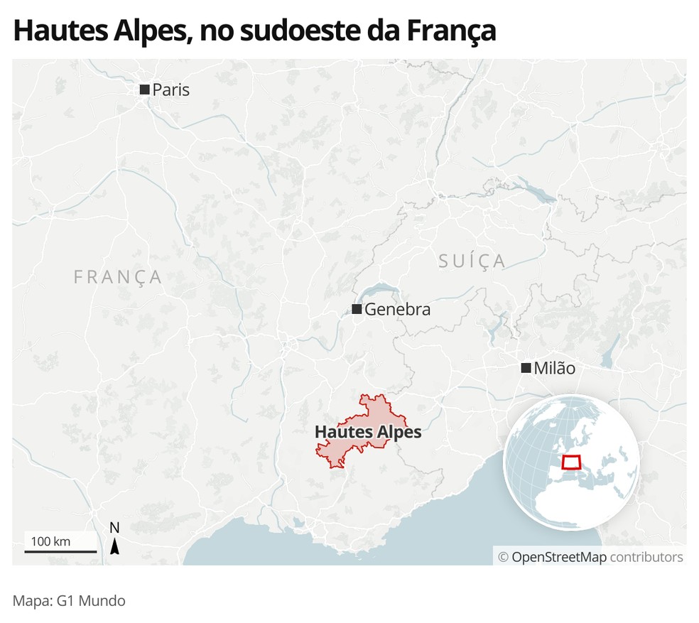 Mapa identifica o departamento de Hautes Alpes, no sudoeste da França — Foto: G1 Mundo