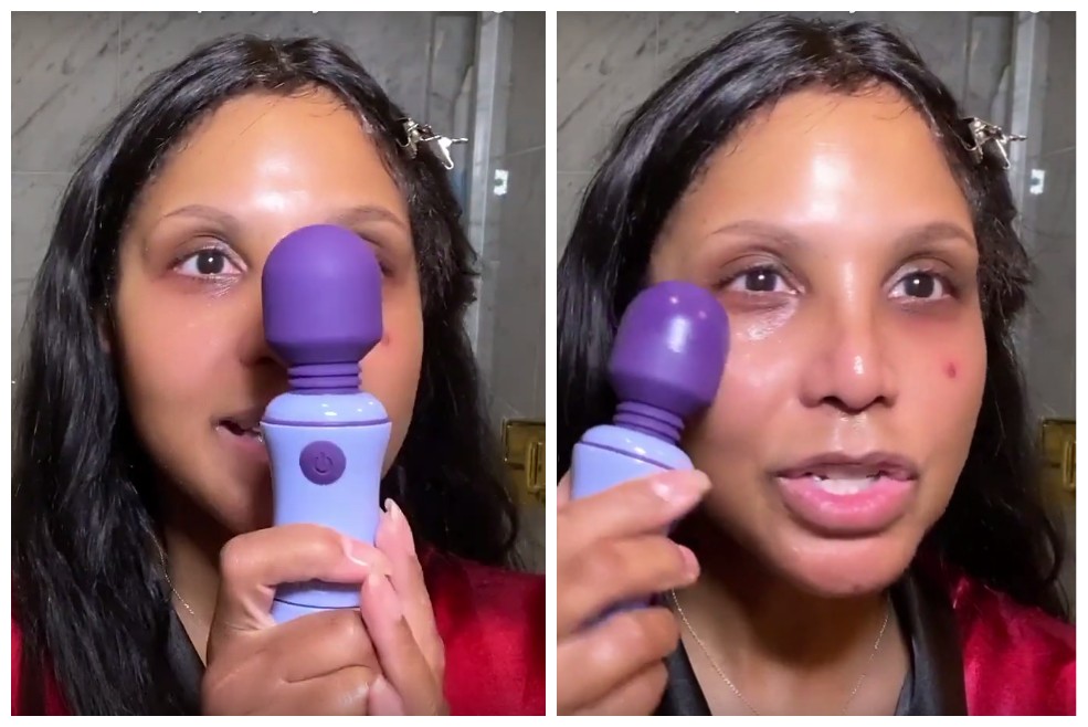 A cantora Toni Braxton mostrando o vibrador utilizado por ela durante seu tutorial de maquiagem (Foto: YouTube)