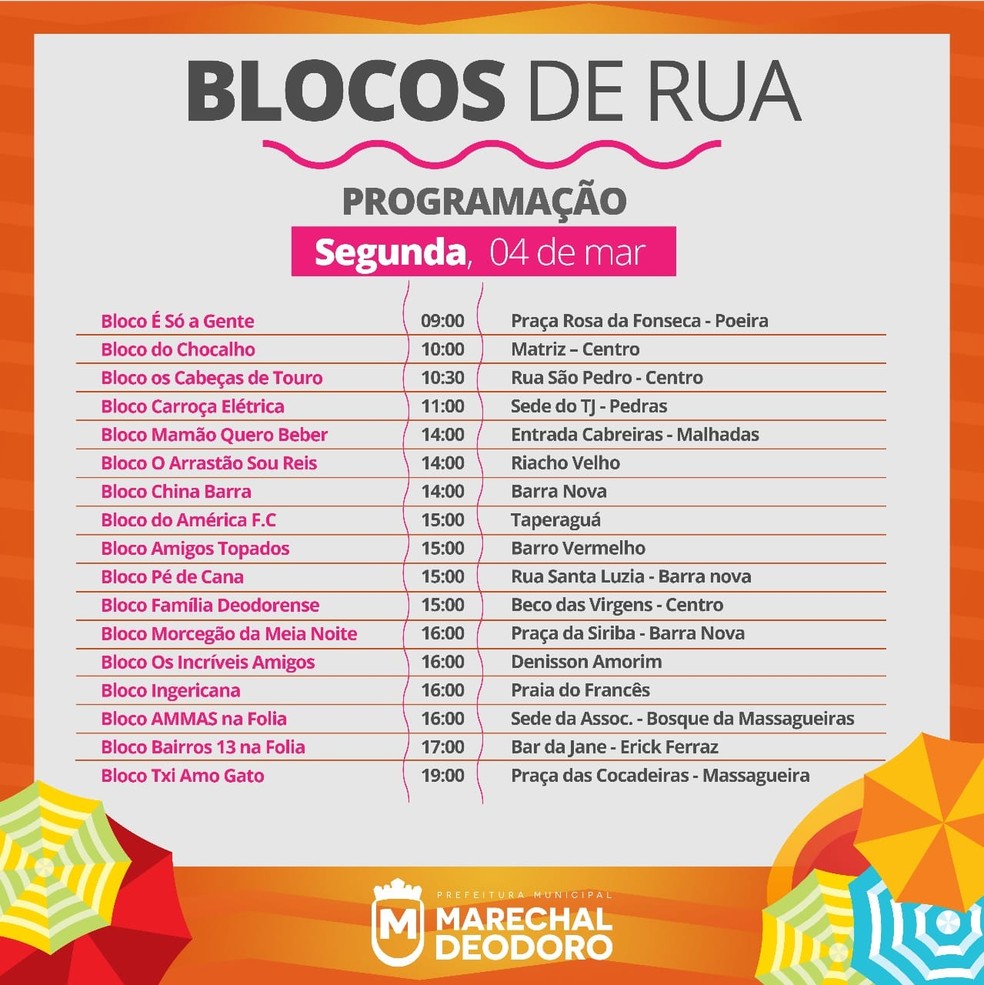 Programação do carnaval em Marechal Deodoro, Alagoas, nesta segunda-feira (4) — Foto: Divulgação/Prefeitura de Marechal Deodoro