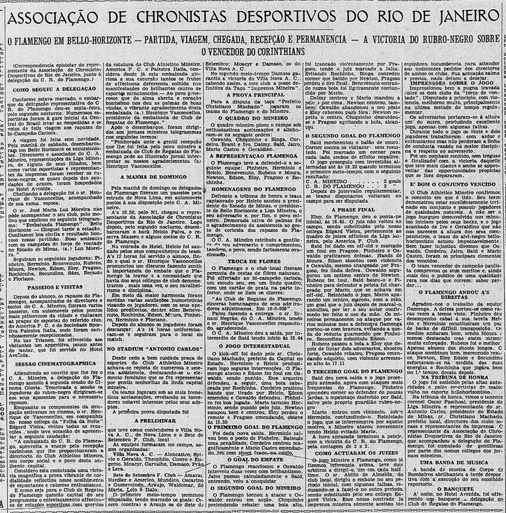 Diário Carioca de 1929 relata o primeiro jogo entre Atlético e Flamengo — Foto: Biblioteca Nacional 