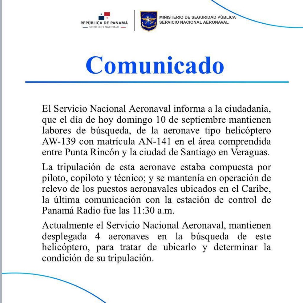 Helic&oacute;ptero desaparece com tr&ecirc;s pessoas a bordo no Panam&aacute; &mdash; Foto: Reprodu&ccedil;&atilde;o Facebook