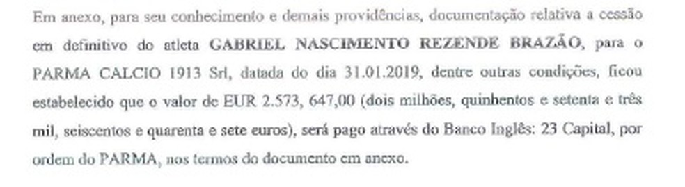 Comunicado por email da venda do goleiro Gabriel Braz&atilde;o &mdash; Foto: Reprodu&ccedil;&atilde;o