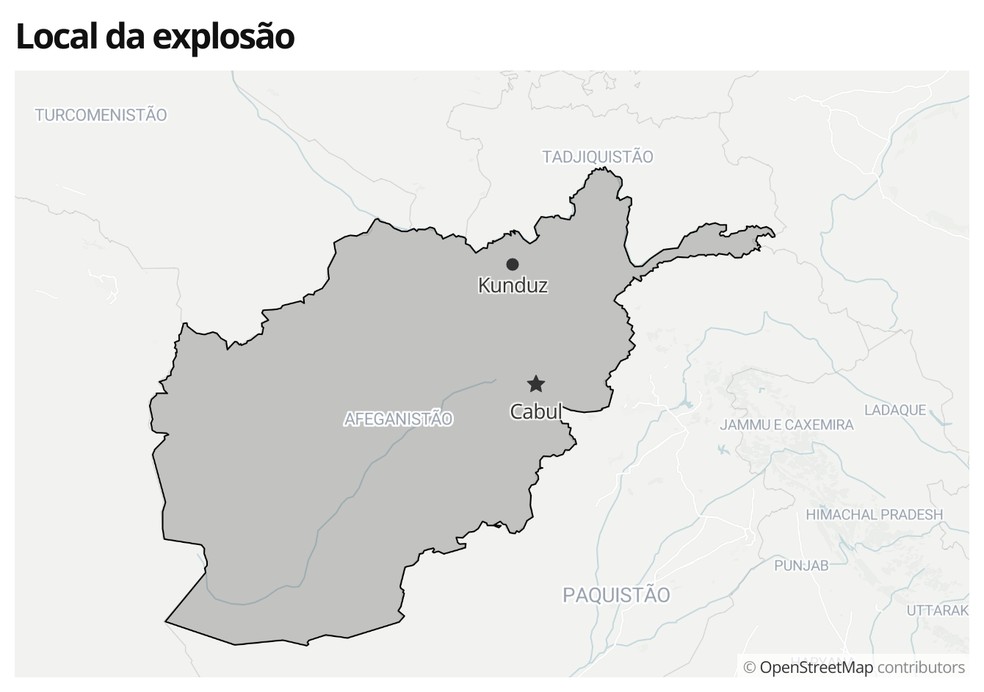 Mapa mostra a localização da cidade de Kunduz, onde houve uma explosão — Foto:  g1