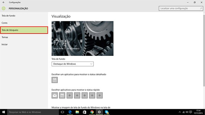 Windows 10 tem tela de bloqueio personalizável em diversas funções (Foto: Reprodução/Elson de Souza)