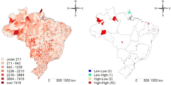 Mapa mostra, em vermelho, a taxa de casos de Covid-19 nos municípios brasileiros entre gestantes e puérperas (Foto: Victor Santana Santos et.al)