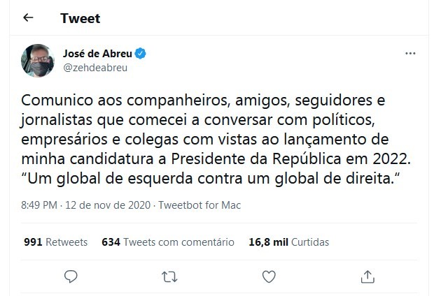 Post de José de Abreu (Foto: Reprodução/Twitter)