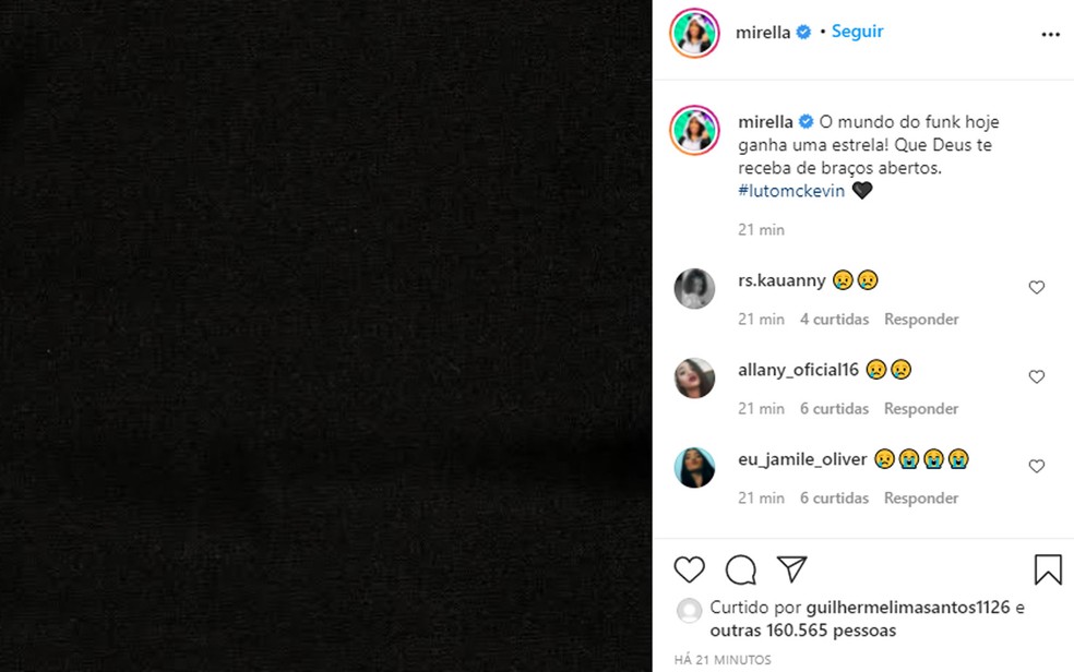 MC Mirella postou em sinal de luto por MC Kevin neste domingo (16) — Foto: Reprodução/Instagram/MC Mirella