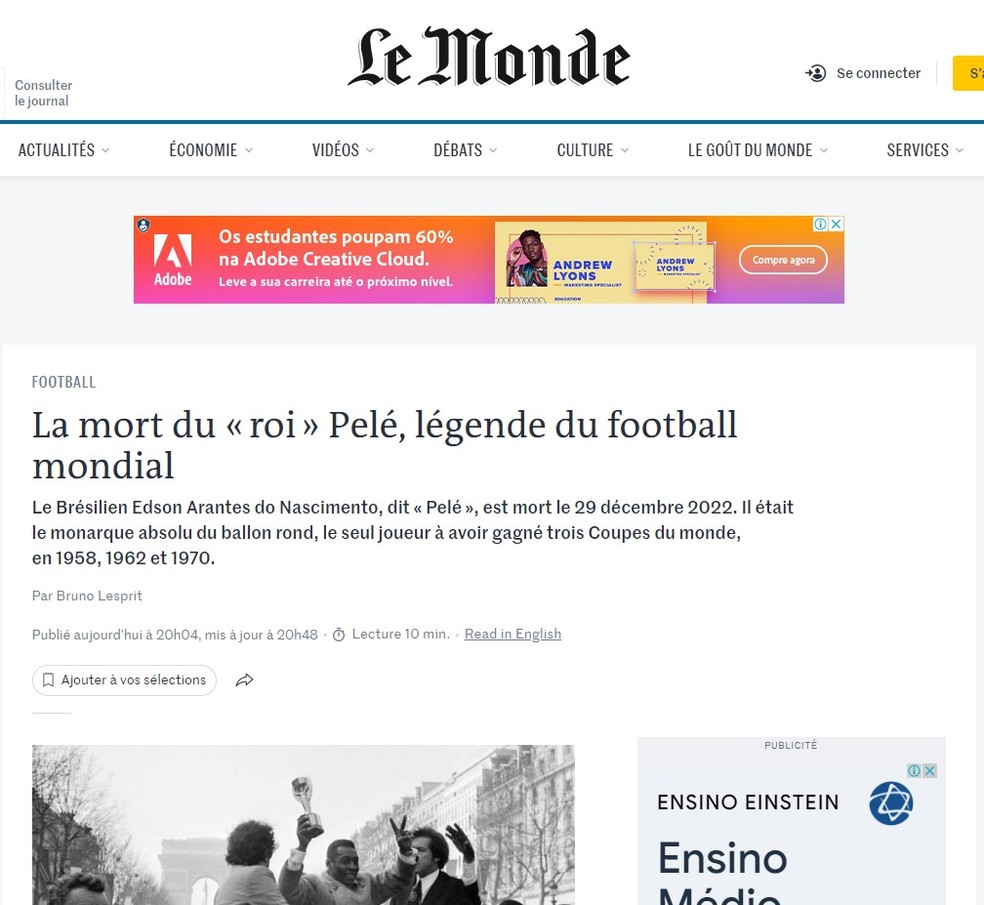 Le Monde noticia morte de Pelé — Foto: Reprodução/Le Monde