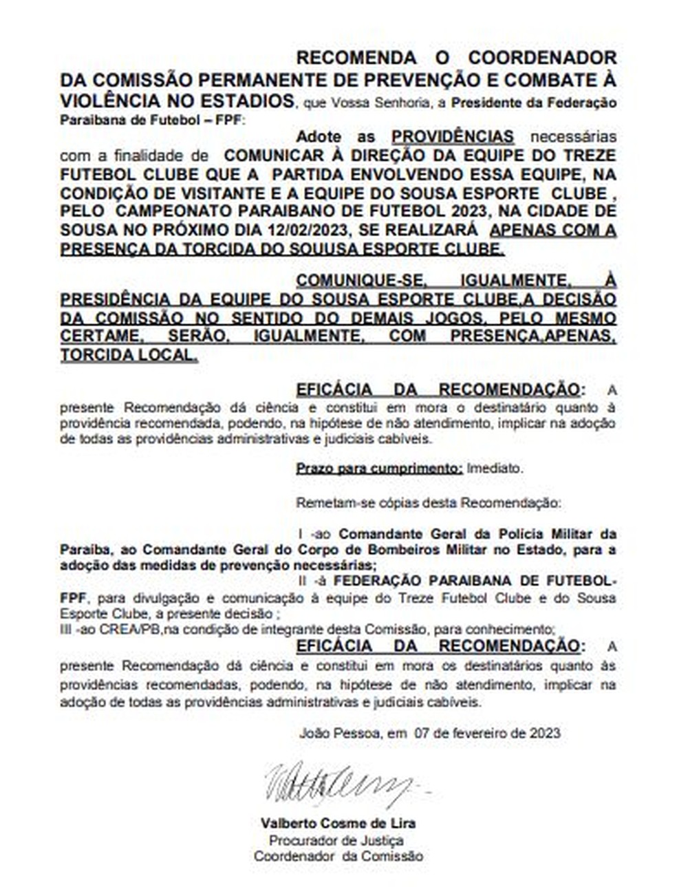 Documento emitido pelo MPPB recomendando torcida única no Marizão — Foto: Divulgação / MPPB