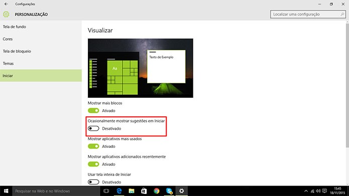 Windows 10 tem sugestões no menu Iniciar que podem ser desativados facilmente (Foto: Reprodução/Elson de Souza)