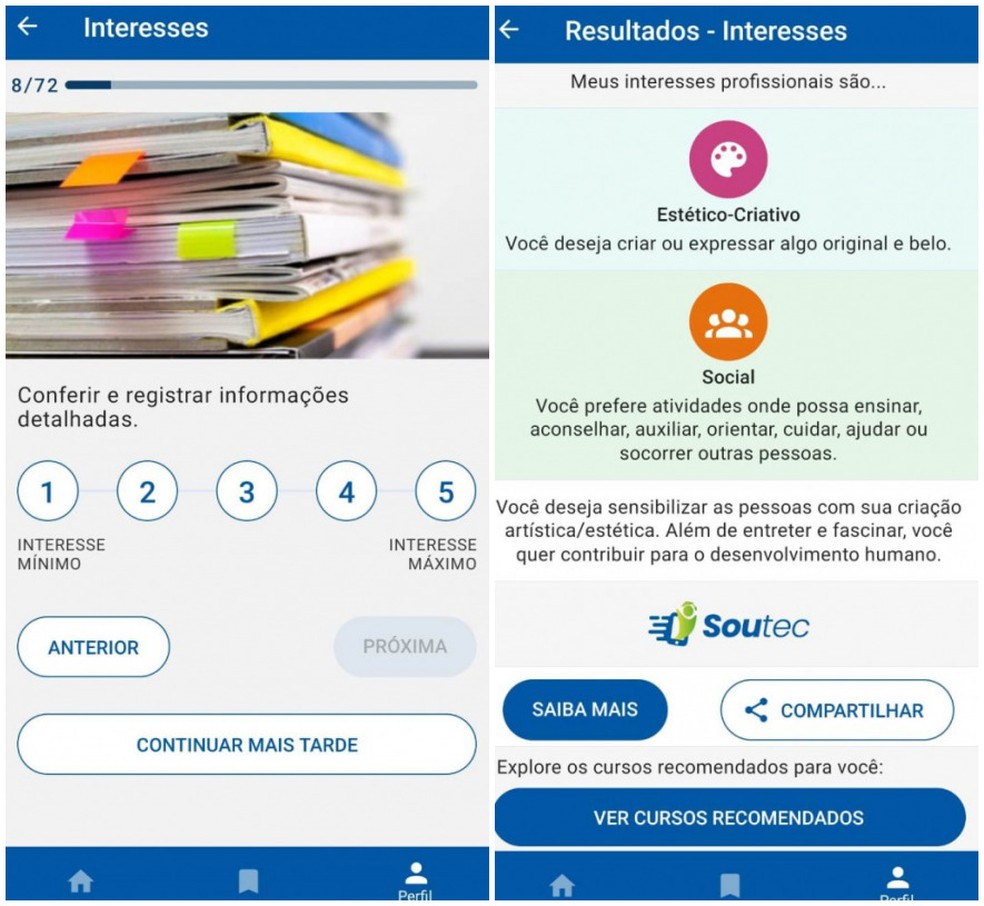 Teste do Soutec, app criado pela USP São Carlos, ajuda estudantes a escolher curso técnico e indica unidades para fazer — Foto: Reprodução