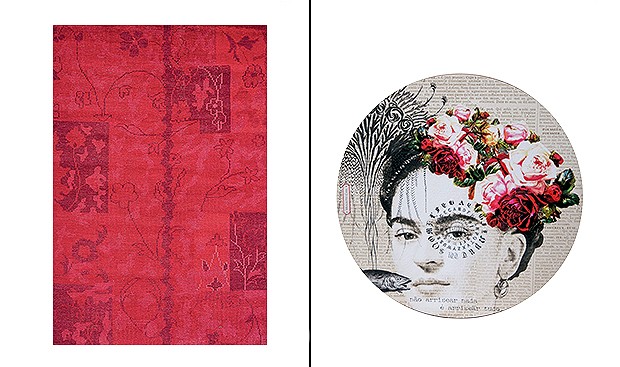 Tapete indiano Ancient Vintage, de algodão e lã, 2,50 x 3 m. Da Abdalla Imports, à venda na Doural, R$ 3.713 | Quadro Frida, de madeira, 40 cm de diâmetro. Mercatto Casa. R$ 198 (Foto: Divulgação)