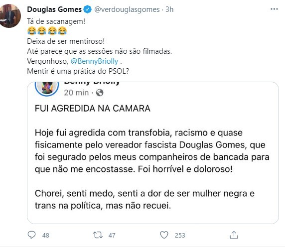 Vereador Douglas Gomes rebate acusações da vereadora Benny Briolly (Foto: Reprodução / Twitter)