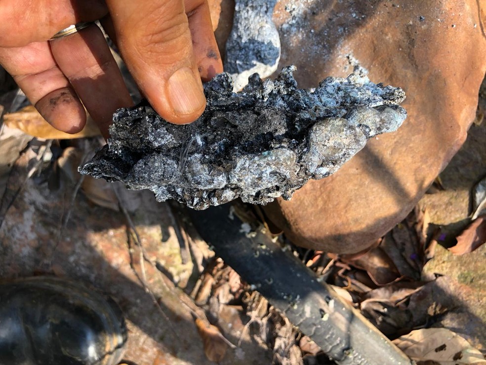 Suposta arcada dentária foi achada em meio aos destroços — Foto: PM-MT/Divulgação