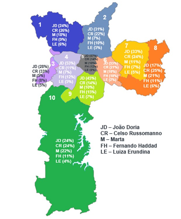 Datafolha mostra pesquisa de intenção de voto por região de São Paulo (Foto: Reprodução/Datafolha)