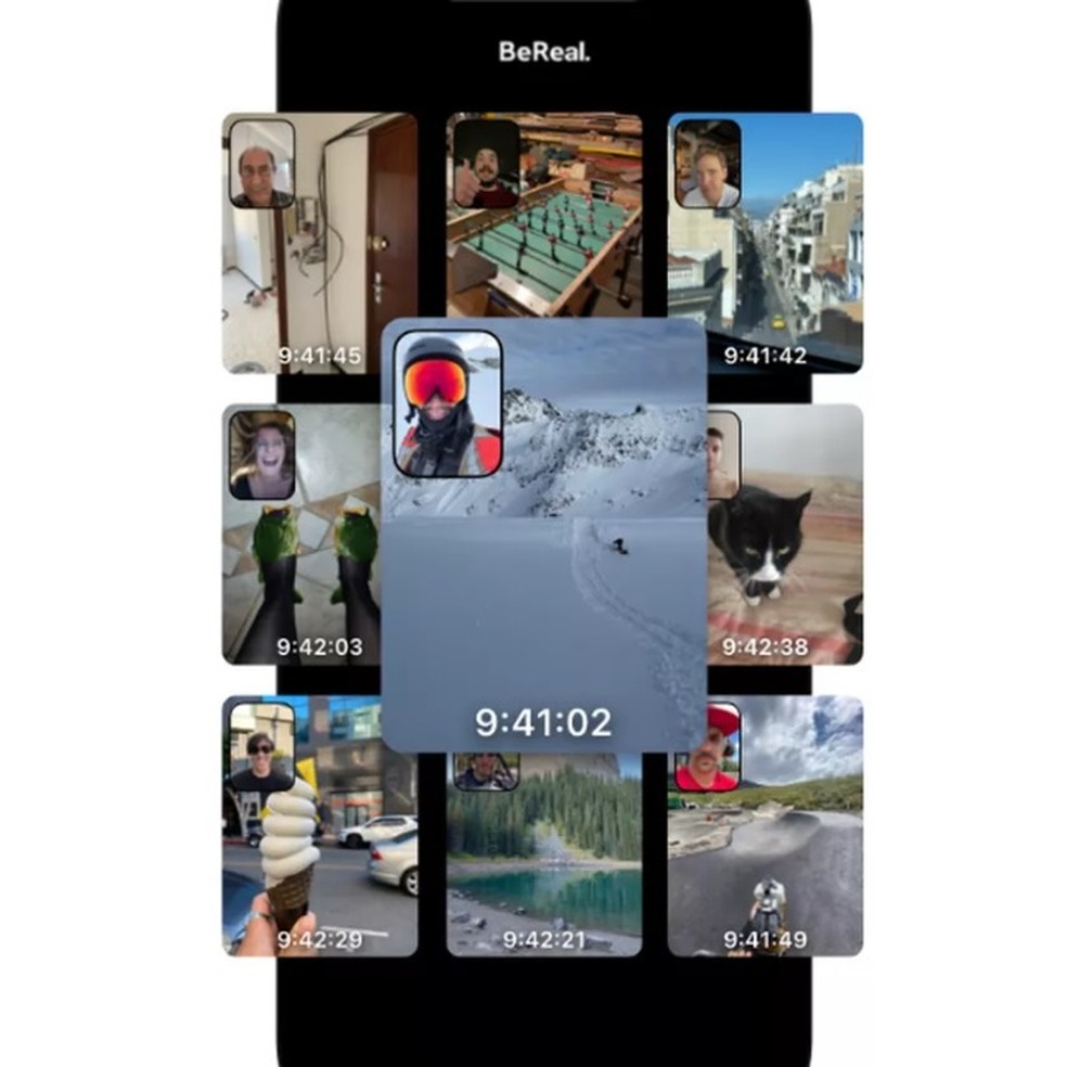 Aplicativo BeReal captura duas imagens simultaneamente: uma selfie do usuário, com a câmera frontal, e o que ele está fazendo naquele momento, com a câmera traseira — Foto: DIvulgação/BeReal