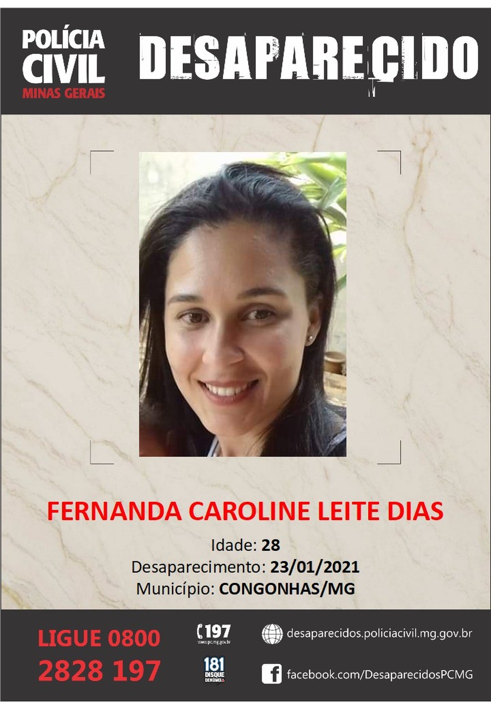 Fernanda Caroline Leite Dias está desaparecida desde que filha foi encontrada morta — Foto: Polícia Civil/Divulgação