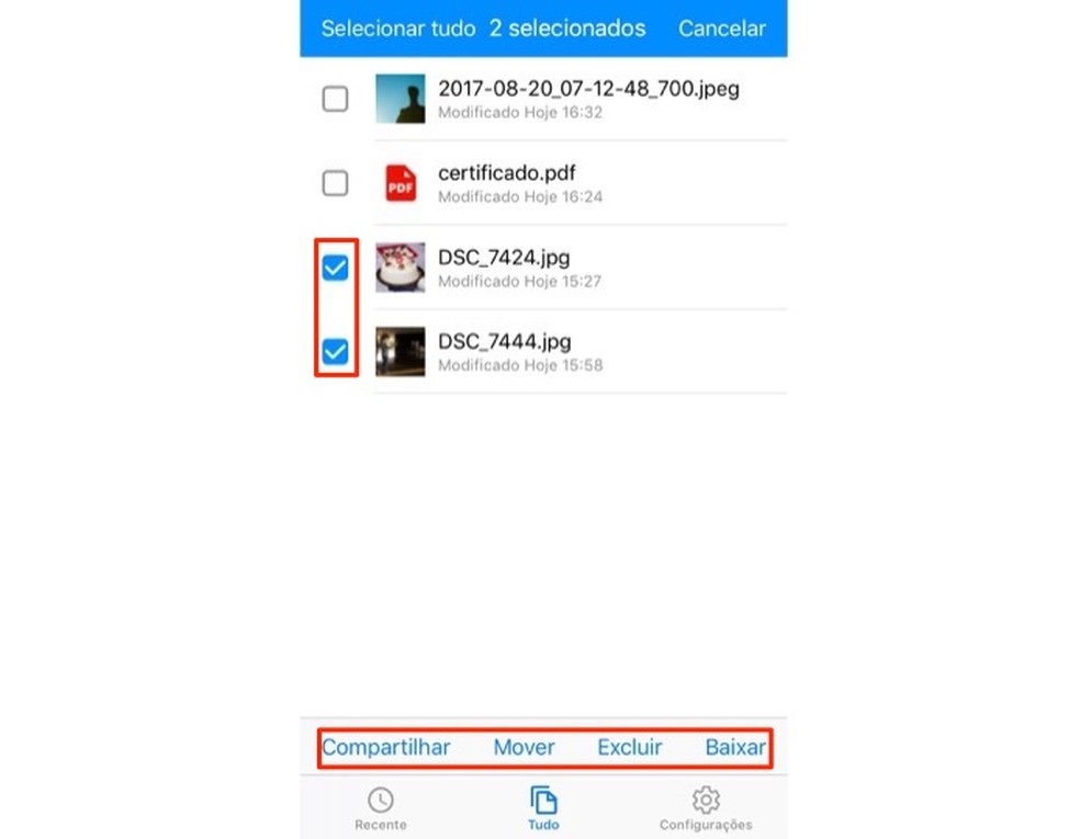 Ação para selecionar arquivos e verificar opções do aplicativo do serviço de armazenamento na nuvem Amazon Drive — Foto: Reprodução/Marvin Costa