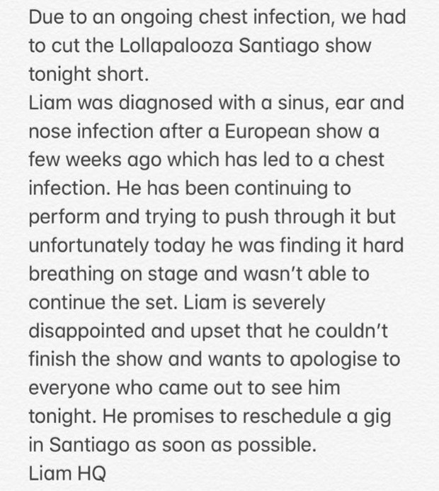Comunicado da equipe de Liam Gallagher (Foto: Reprodução / Instagram)
