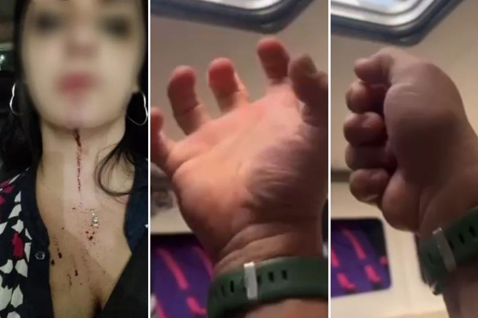 Agressor filma a própria mão enquanto faz gestos de facada e ameaça a ex-esposa — Foto: Reprodução