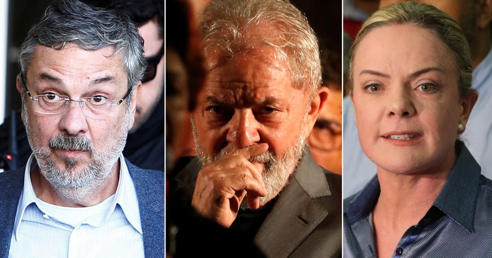 Da esq. para a dir., o ex-ministro Antonio Palocci, o ex-presidente Luiz Inácio Lula da Silva e a senador Gleisi Hoffmann