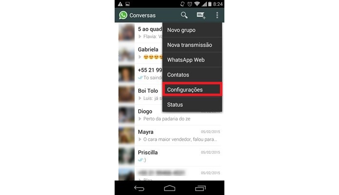 Caminho para acessar configura??es do WhatsApp (Foto: Reprodu??o/ Raquel Freire)