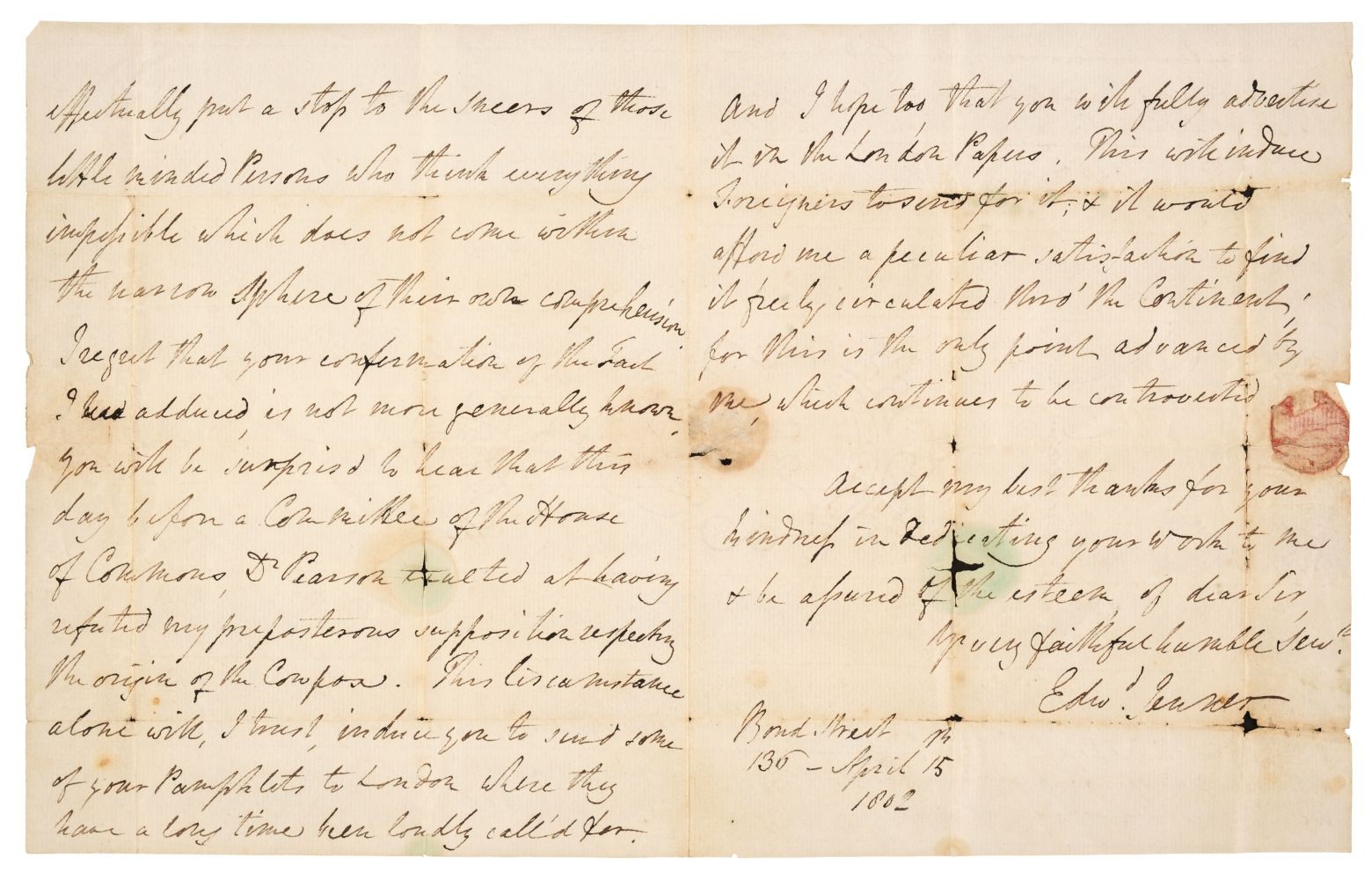 Carta de 1802 do pai da vacina é leiloada por 7 mil libras no Reino Unido (Foto: Printed Books, Maps & Decorative Prints, Autographs, Documents, The Donald & Monique King Collection) Carta de 1802 do pai da vacina é leiloada por 7 mil libras no Reino Unido (Foto: Printed Books, Maps & Decorative Prints, Autographs, Documents, The Donald & Monique King Collection)