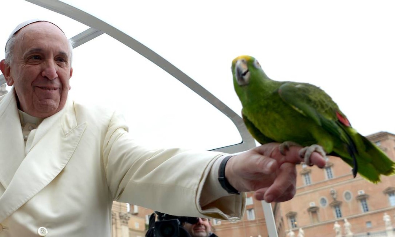  O Papa Francisco segura o papagaio de um peregrino quando chega para sua audiência geral na Praça de São Pedro, em janeiro de 2014, no Vaticano — Foto: AFP