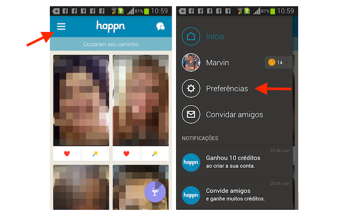 Acessando as configurações do Happn no Android para deletar uma conta (Foto: Reprodução/Marvin Costa)