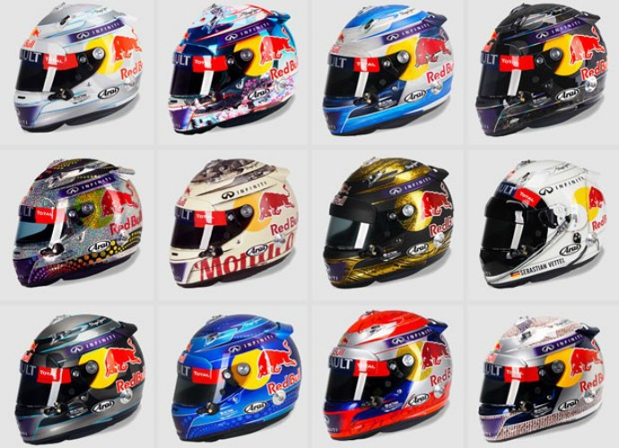 Sebastian Vettel já utilizou inúmeros desenhos em seus capacetes da Fórmula 1 (Foto: Montagem Editoria de arte)