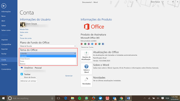 Office possui quatro temas diferentes para seus aplicativos no Windows (Foto: Reprodução/Elson de Souza)