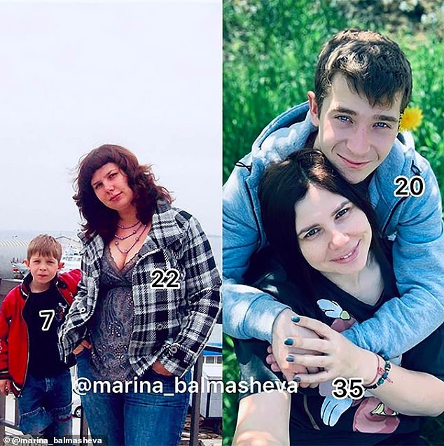À esquerda, Marina com o enteado aos 7 anos e, à direita, atualmente (Foto: Reprodução/Daily Mail)