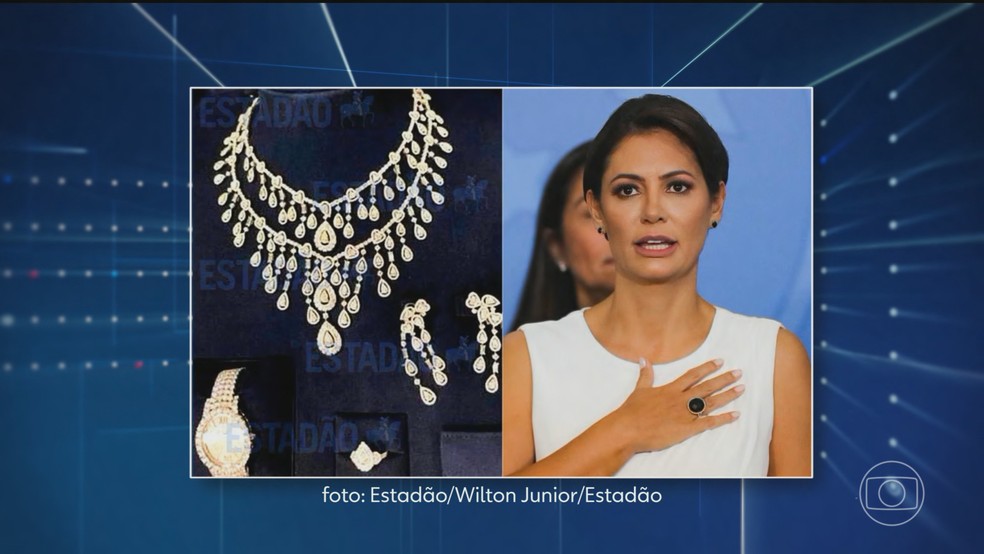 Governo Bolsonaro tentou trazer ilegalmente ao Brasil joias no valor de R$ 16,5 milhões para Michelle — Foto: JN