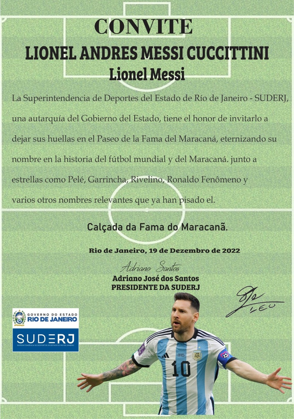 Convite da Suderj para que Messi registre os pés na Calçada da Fama do Maracanã — Foto: Divulgação/Suderj