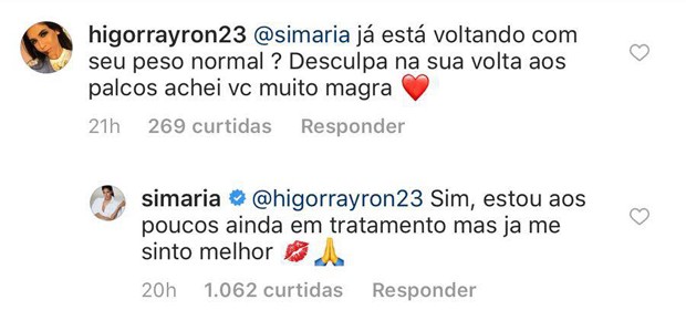 Simaria respondendo comentário de fã (Foto: Reprodução/Instagram)