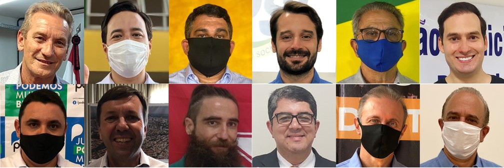 Candidatos a prefeito de Presidente Prudente nas eleições municipais de 2020, em ordem alfabética. Acima (da esquerda para a direita): Ed Thomas (PSB), Fábio Sato (MDB), Glauco José Bazzo (PTC), Guilherme Piai (PSL), João Felício Figueira (PRTB) e José Lemes Soares (PDT). Abaixo (da esquerda para a direita): Juliano Borges (PODE), Laércio Alcântara (DEM), Luís Valente (PT), Marcos Lucas (Avante), Nelson Bugalho (PSDB) e Paulo Lima (PSD) — Foto: Arte/G1