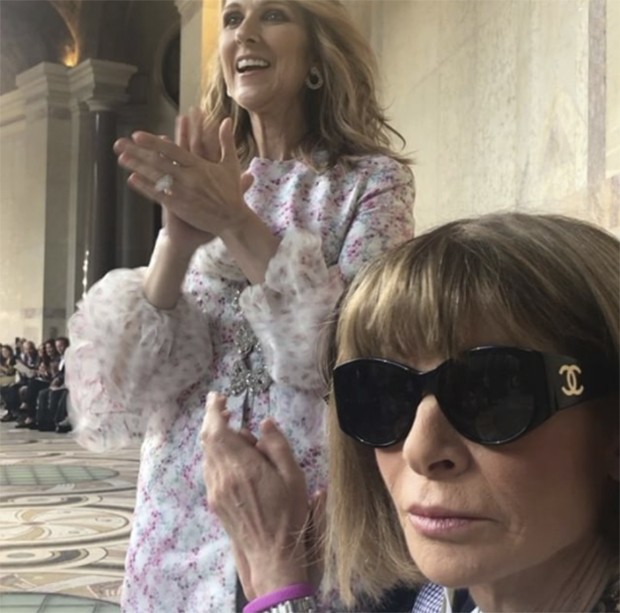 Céline Dion love, love, LOVES the Giambattista Valli show, as the designer hugs Francois Pinault, his new backer - and Eurogirls have a glam fest (Foto: @suzymenkesvogue)