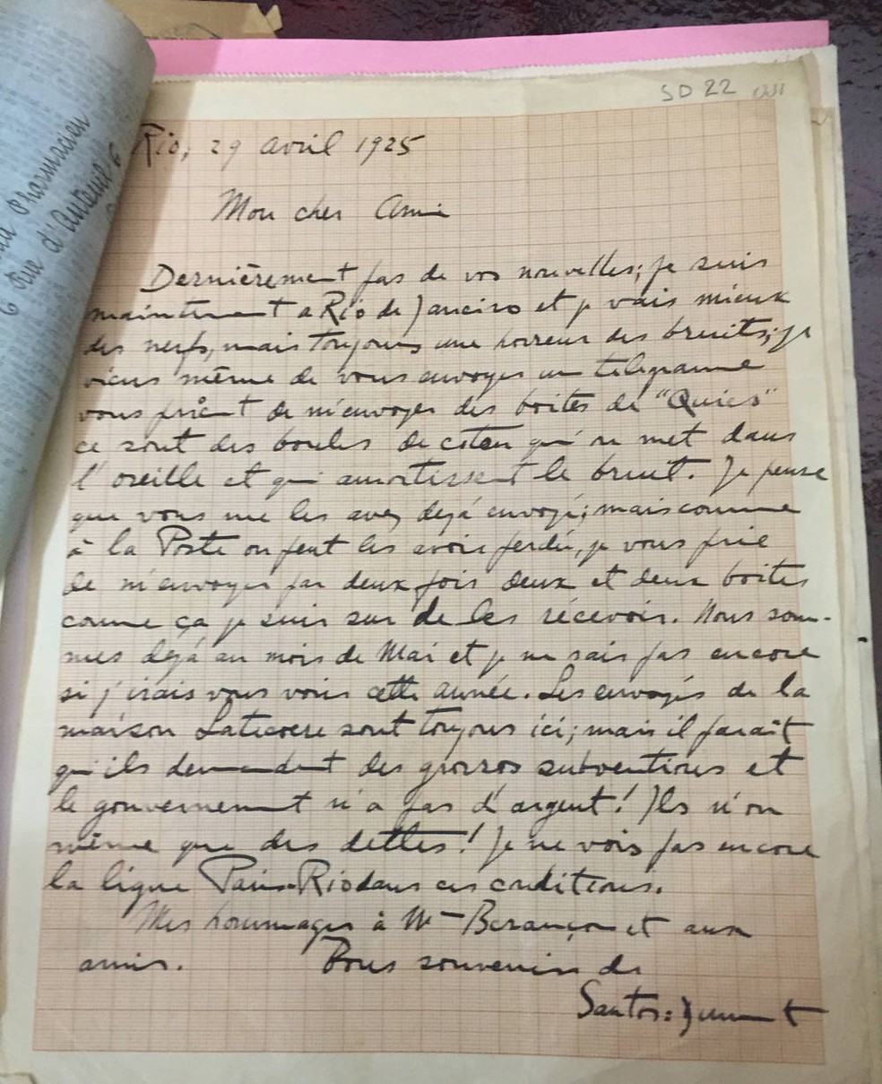 Santos Dumont pede em carta a um amigo na França latas de um produto para tapar os ouvidos (Foto: Aéro-Club de France/Divulgação)