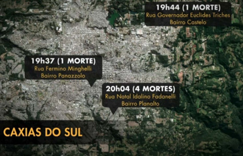 Localização dos homicídios registrados em Caxias do Sul durante a noite de quinta (Foto: Reprodução/RBS TV)