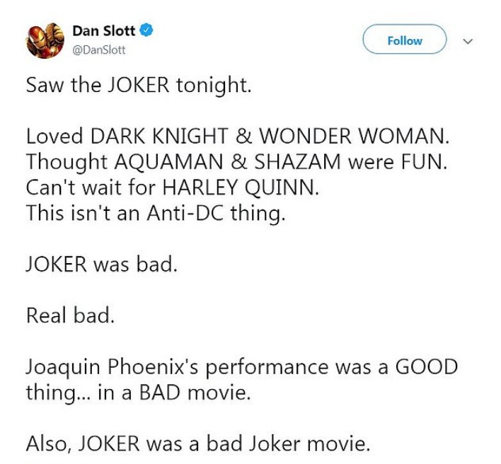 Um dos tuítes do roteirista da Marvel criticando Coringa (2019) (Foto: Twitter)