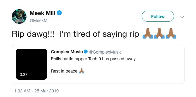 O post de Meek Mill lamentando a morte de Tech 9 (Foto: Twitter)