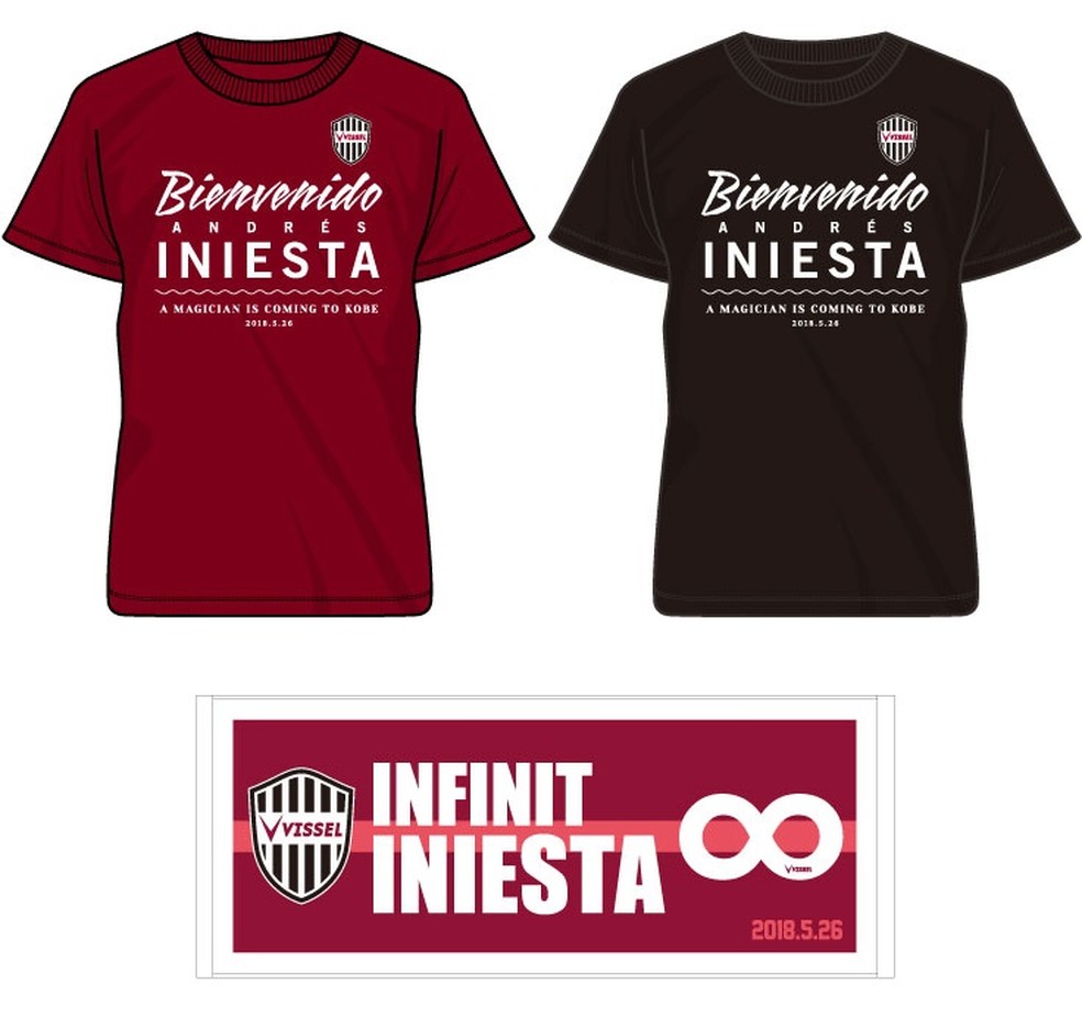 Camisas e toalha do Vissel Kobe para celebrar a contratação de Iniesta: "Bem vindo, Andrés Iniesta. Um mágico está chegando a Kobe" (Foto: Reprodução)
