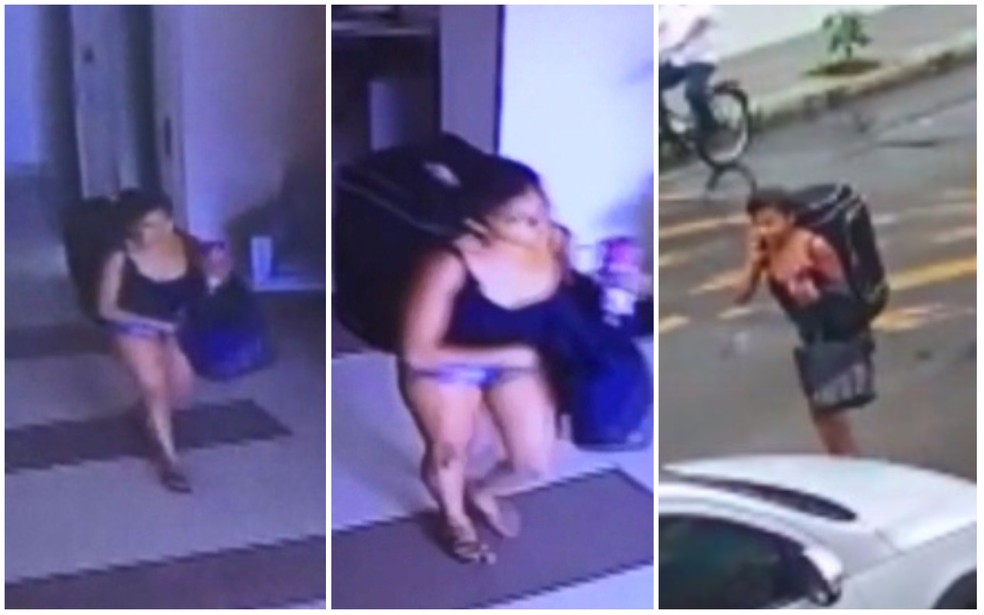 Câmeras flagraram mulher deixando prédio de casal com mochila e mala (Foto: Reprodução/ TV Cabo Branco)