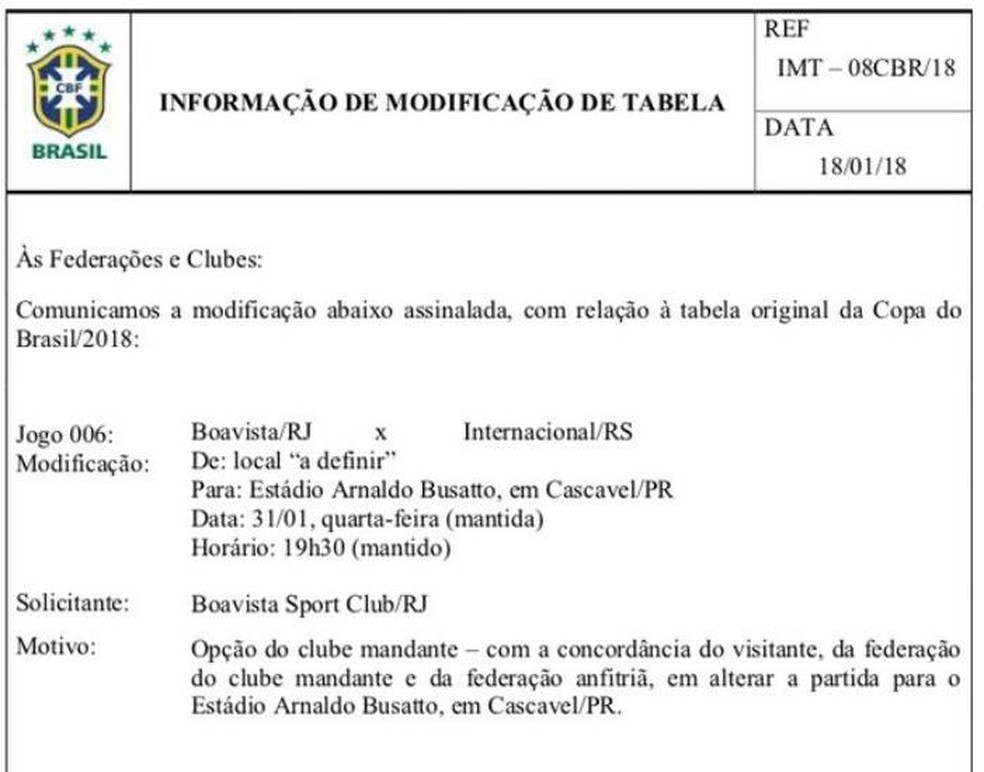 Publicação da CBF sobre o novo local do confronto (Foto: Reprodução)