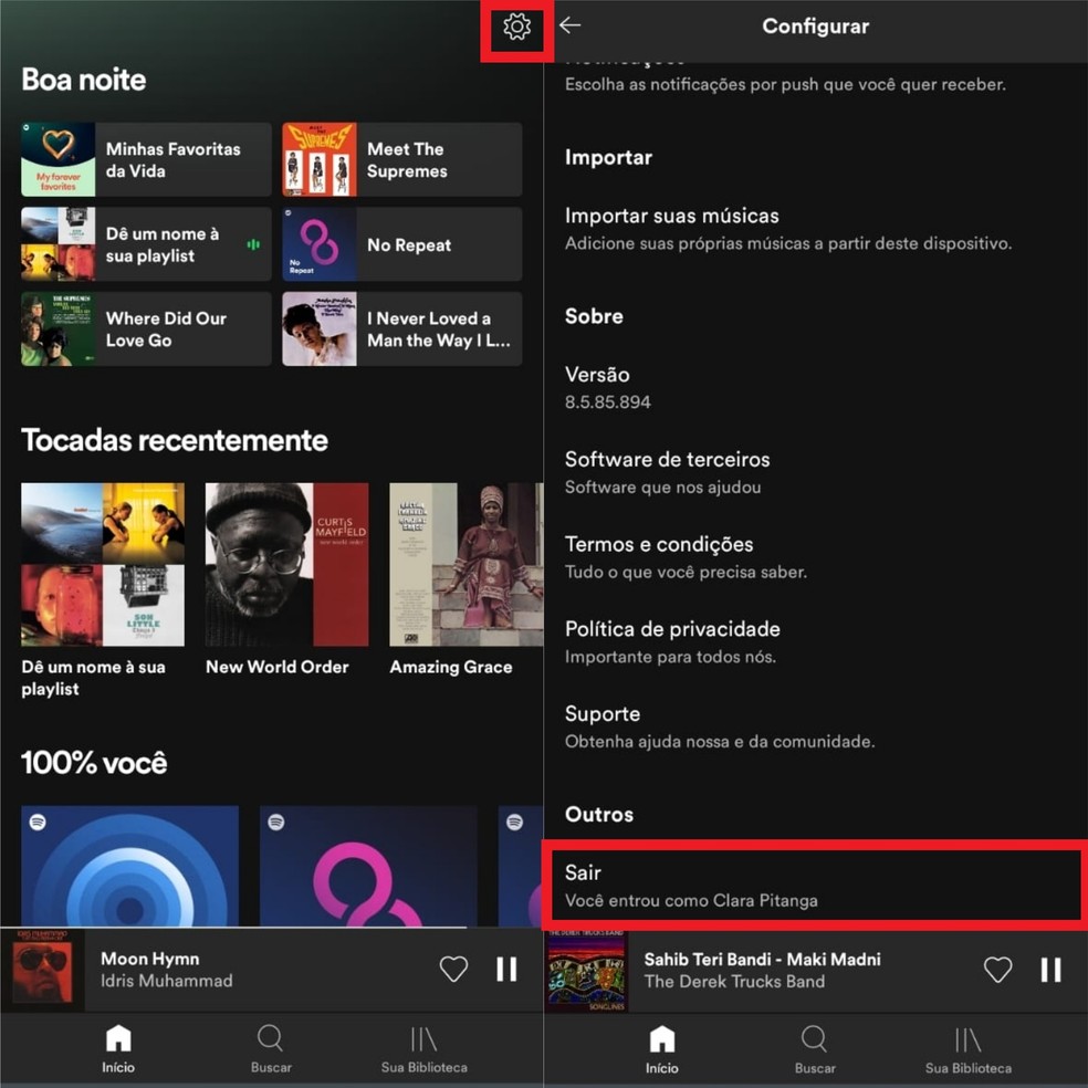 Deslogar do app e fazer login novamente no Spotify pode ajudar a resolver falhas de conectividade — Foto: Reprodução/Clara Fabro