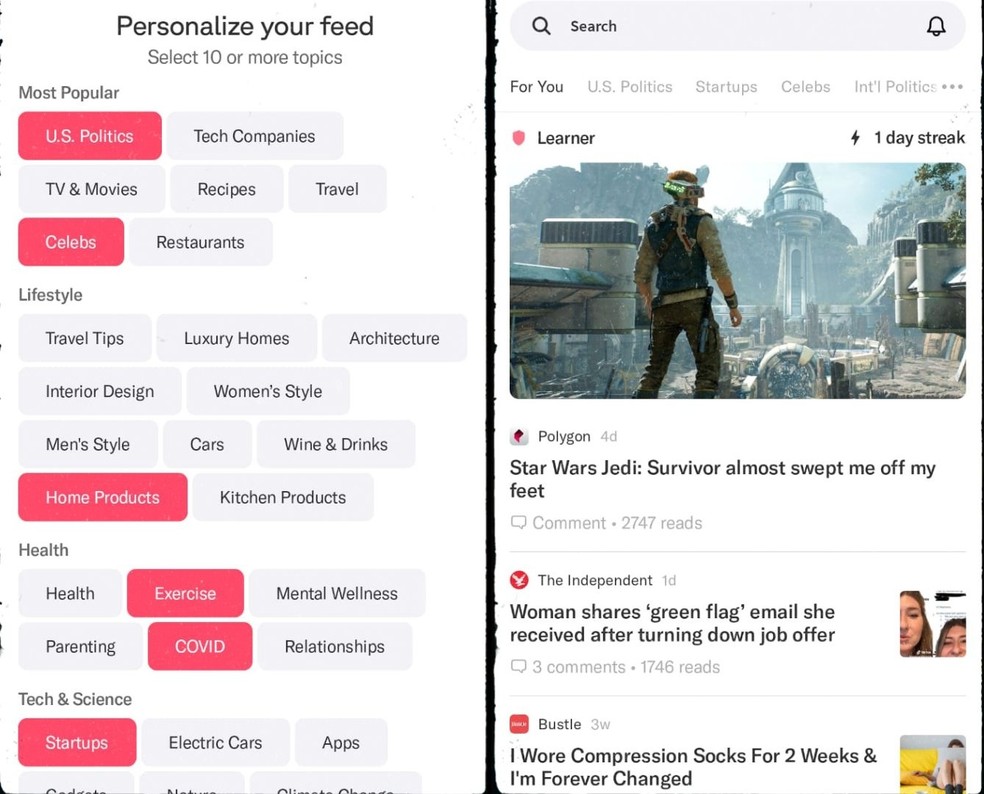 Aplicativo Artifact tem feed de notícias programado por inteligência artificial — Foto: Reprodução/Gisele Souza