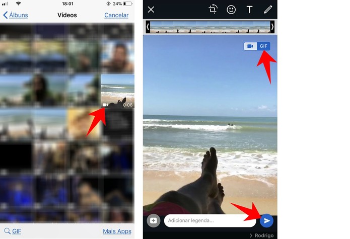Transformando um vídeo da galeria do iPhone em GIF no WhatsApp (Foto: Reprodução/Rodrigo Fernandes) Transformando um vídeo da galeria do iPhone em GIF no WhatsApp (Foto: Reprodução/Rodrigo Fernandes)