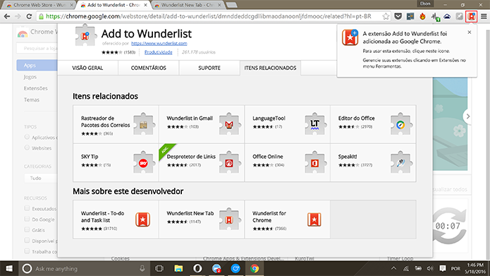 Add to Wunderlist aparecerá no Chrome após a instalação (Foto: Reprodução/Elson de Souza)