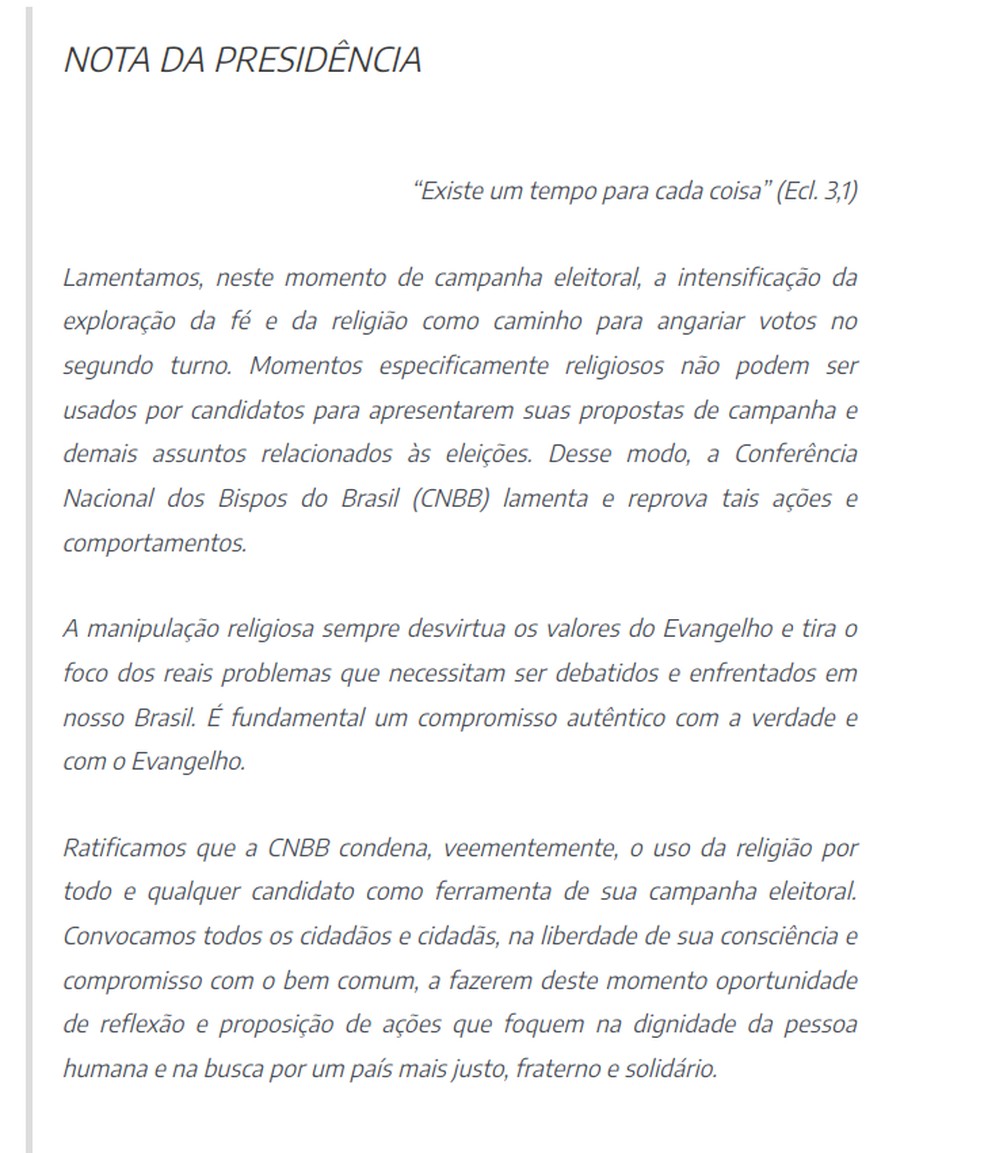 Nota oficial da CNBB lamentando a exploração política  — Foto: Presidência da Conferência Nacional dos Bispos do Brasil (CNBB)
